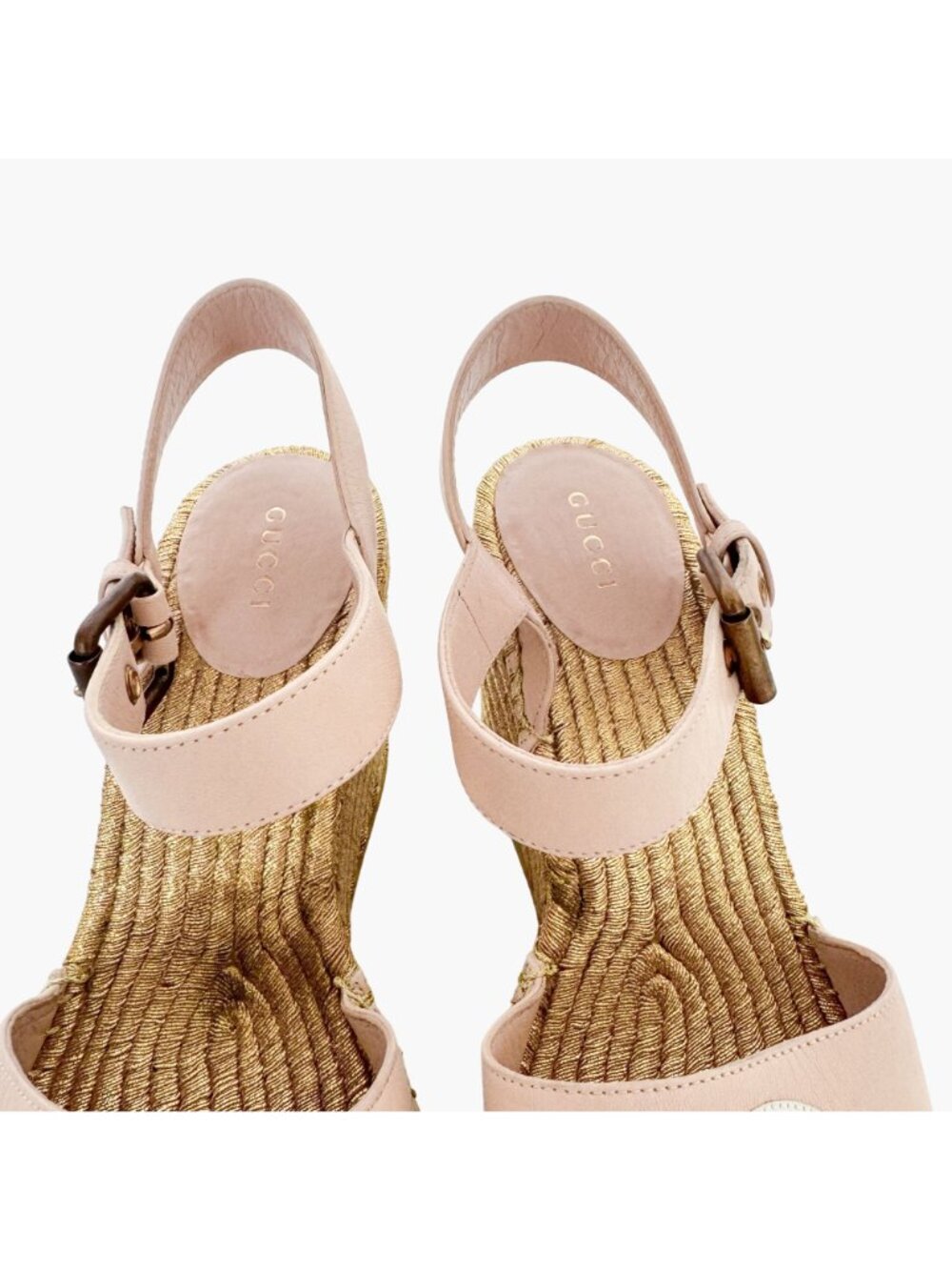 Gucci Flor GG Espadrille Wedge Sandals EU 39.5 US 9.5 Pink Gold Platform Heel - Picture 4 of 11